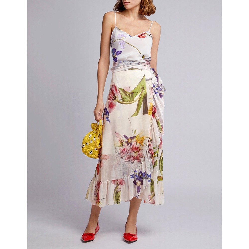 NWT GANNI Floral Mesh Ruffled Wrap Midi Skirt White‎ Size EU 36/ US4 $225